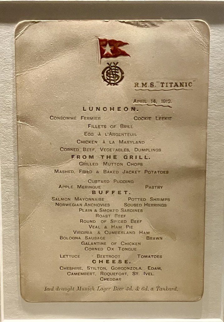 Last Lunch on the Titanic. First class lunch menu from the Titanic April 14th 1912.  Titanic Belfast
