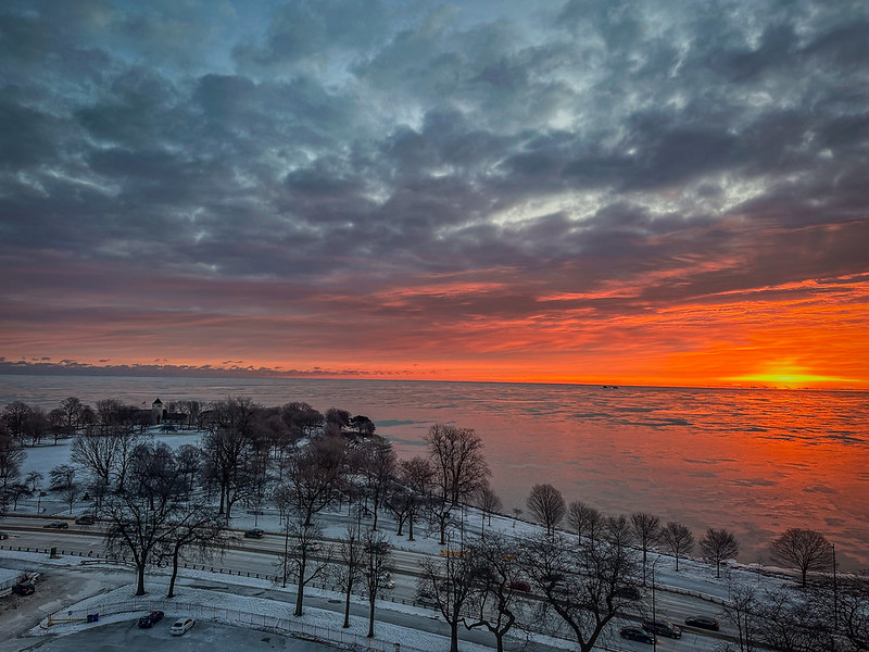 Photo of rare visible winter sunrise over Lake Michigan