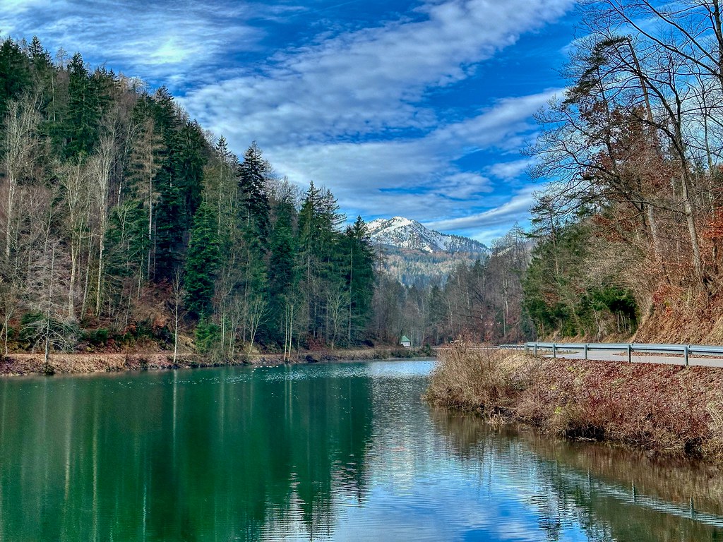 Gfallstausee reservoir lake with reflections near Oberaudorf in Bavaria, Germany