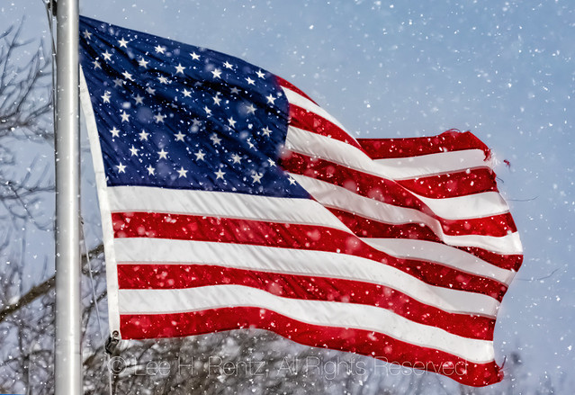 American Flag during a Winter Snowstorm in Central Michigan