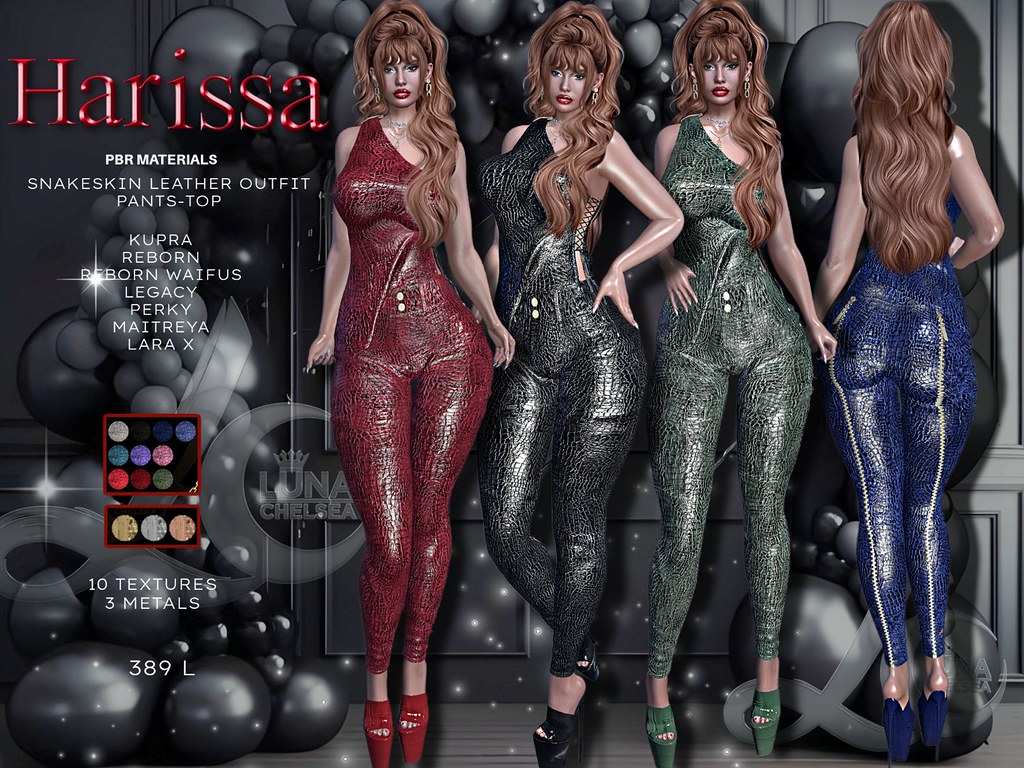 ❤️ – Harissa Snake Skin Leather Outfit, PBR Materials. 10 textures, Top And Zipper Pants