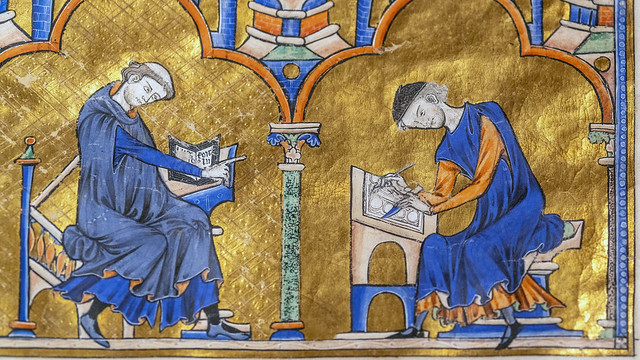 Colophon with cleric directing scribe or artist, Saint Louis Bible