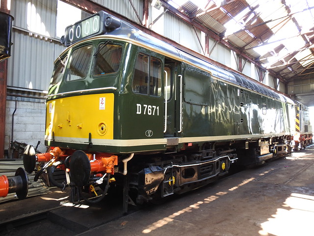 D7671 (25321) inside the shed at the Midland Railway Centre