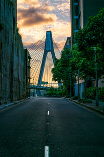 Narrow view of the Anzac Bridge, viewed from Pyrmont at sunset, Sydney