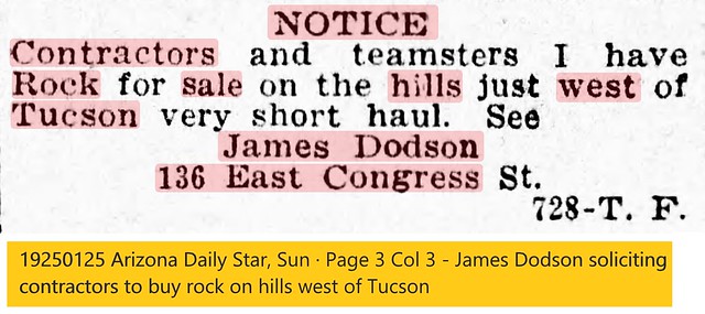 19250125 Arizona Daily Star, Sun · Page 3 Col 3 - James Dodson soliciting contractors to buy rock on hills west of Tucson