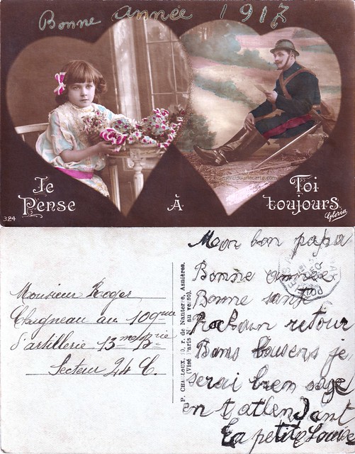 Bonne Année 1917 - Je Pense à Toi toujours - Une fille avec des fleurs dans un cœur, son père soldat lisant sa lettre dans un autre cœur