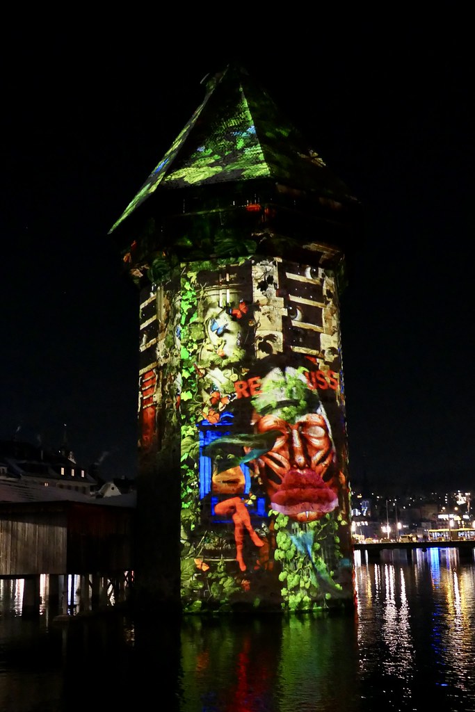 Watertower LILU Light Festival Lucerne Luzern Switzerland