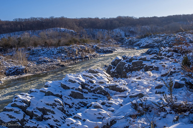Snow Covered Rocks Along The Potomac At Great Falls Park