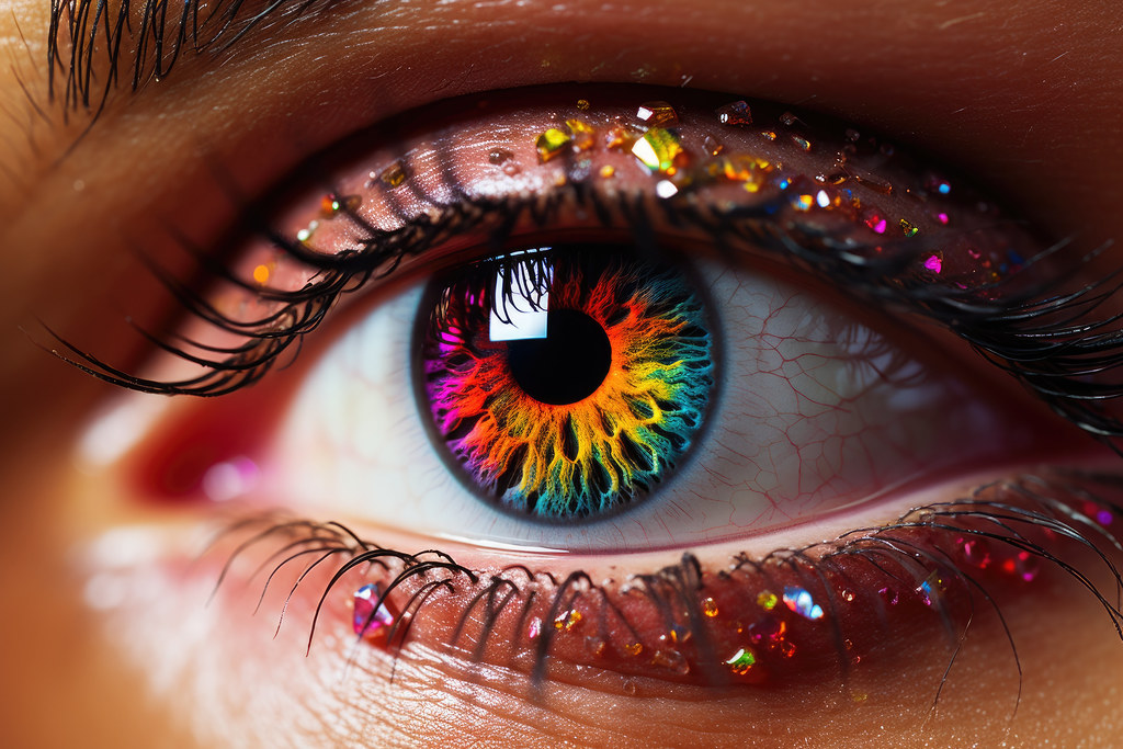Auge mit Regenbogenfarbe Close up