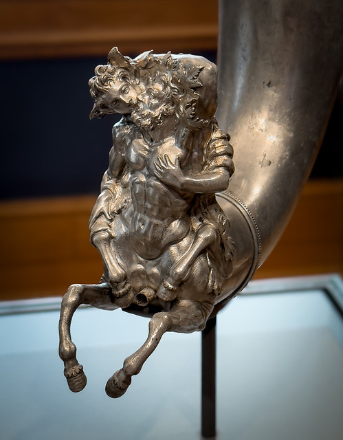 Greek silver rhyton (drinking horn): closeup of two male centaurs