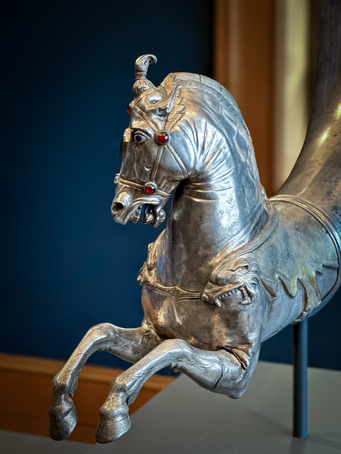 Closeup of Greek silver rhyton with the figure of a horse