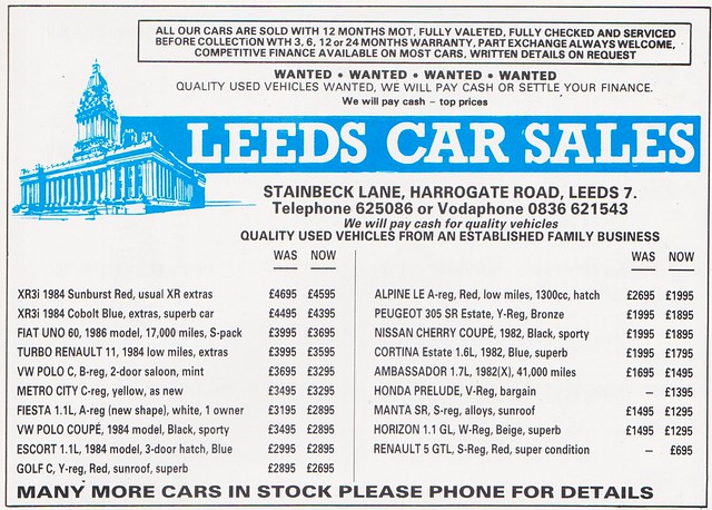 1988 ADVERT - LEEDS CAR SALES STAINBECK LANE - HARROGATE  ROAD LEEDS