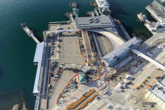 Aerial view of Colman Dock looking west