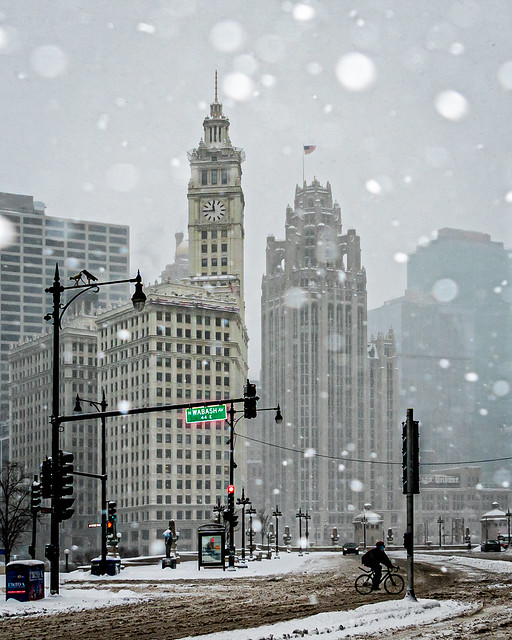 Wrigley Building + Tribune Tower in Snow Storm with Bicyclist, Chicago, IL - 2022