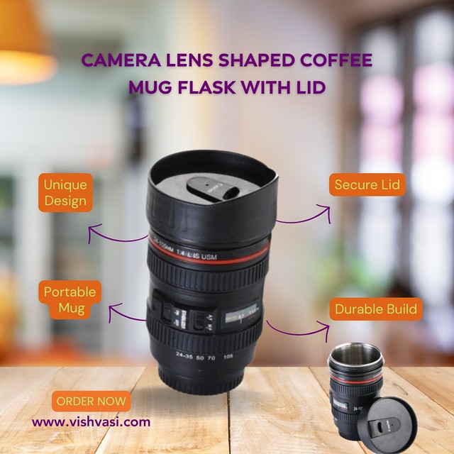 Vishvasi Product Post  - Camera Lens Shaped Coffee Mug Flask with Lid