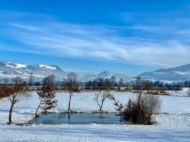 Bavarian mountain landscape with pond in a field in winter near Oberaudorf in Bavaria, Germany