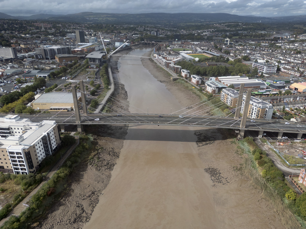 Newport aerial image - River Usk looking north over the George Street Bridge