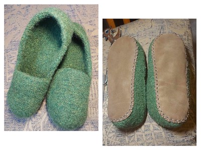 Sandi (sandima) made this pair of Men's Loafer Slippers Felted by Monique Rae for her husband with some not so easy adjustments to the soles which were too big to start.