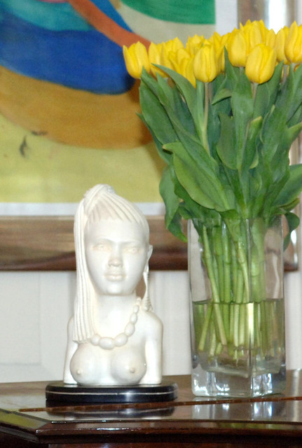DSC_0055v South African High Commissioner SAHC Residence Kensington London Artwork White Topless Ladies Bust with Braids and Yellow Tulips Flowers
