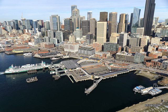 Aerial view of Colman Dock and downtown Seattle