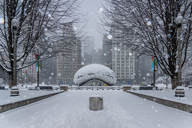 Cloud Gate (The Bean) by Anish Kapoor at Millennium Park in Snow, Chicago, IL