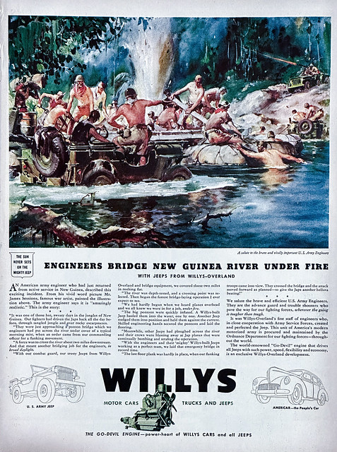 “Engineers Bridge New Guinea River Under Fire.”  Wartime magazine ad for the Jeep (1943).  Art by James Sessions.