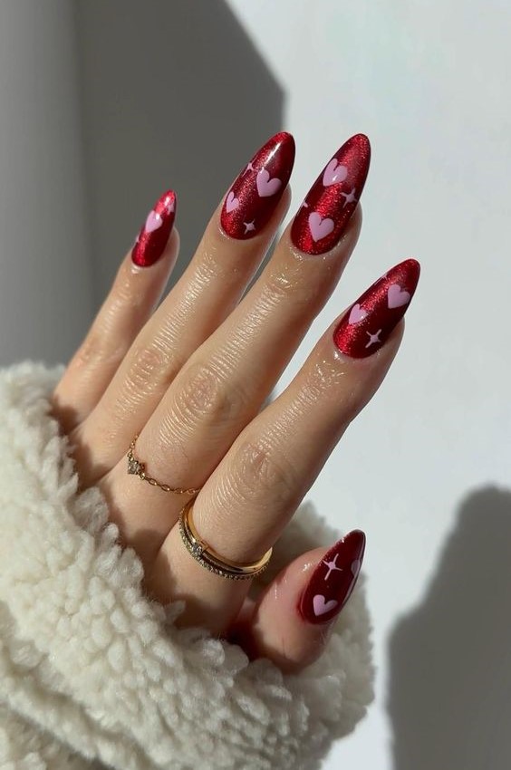 Red Cat Eye with Pink Hearts for one of the best valentine's day nails
