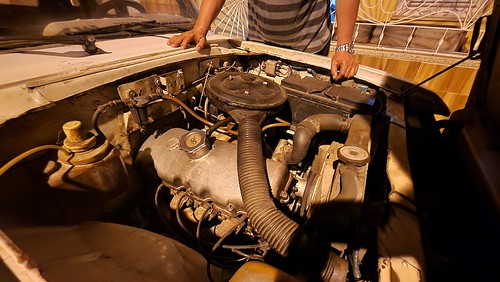 Russian Soviet Moskovitch Aleco car still with its original engine inside. Santa Clara, Cuba November 2023 Danielito neighbourhood, Cuba