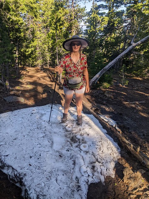 01419 We thought it was fun to stand on a small patch of snow on the way to Paulina Peak