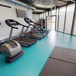 The gym includes various cardio machines including running machines