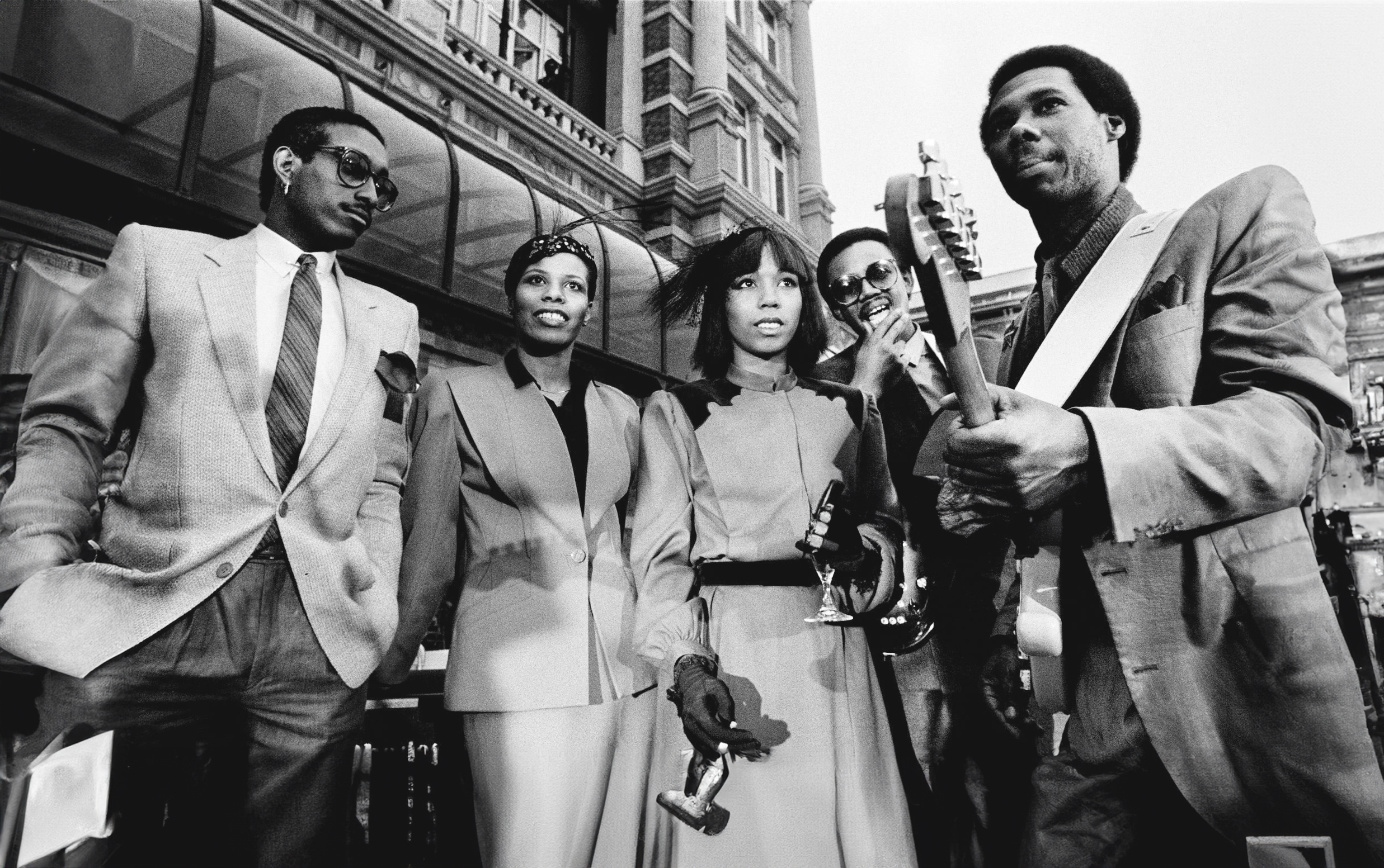 Musicians (L-R) Tony Thompson, Alfa Anderson, Luci Martin, Bernard Edwards and Nile Rodgers from Chic poses for a portrait in The Hague, in 1979.