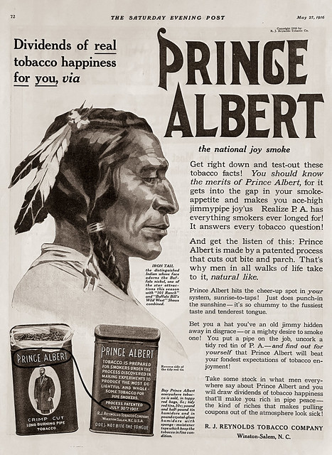 Ad for Prince Albert Tobacco in “The Saturday Evening Post,” May 27, 1916, featuring Chief Iron Tail.