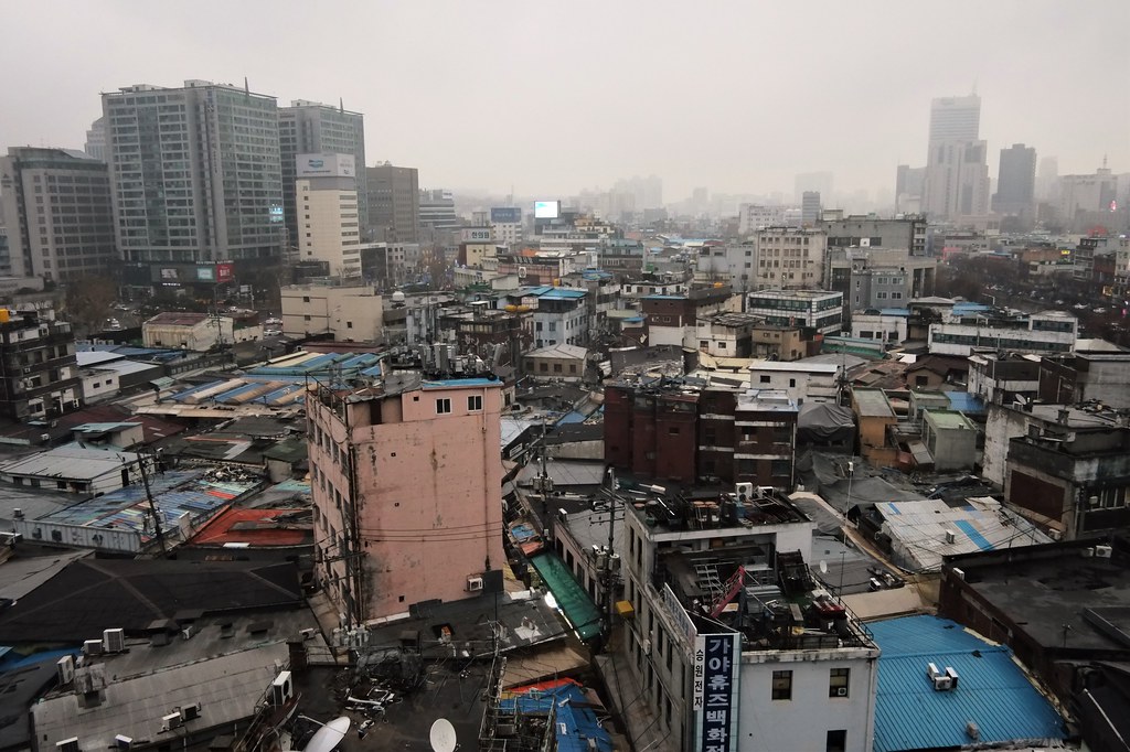 Seoul Korea Sewoon Maker City Feb 2020 tangle of metal rooftops and buildings - 