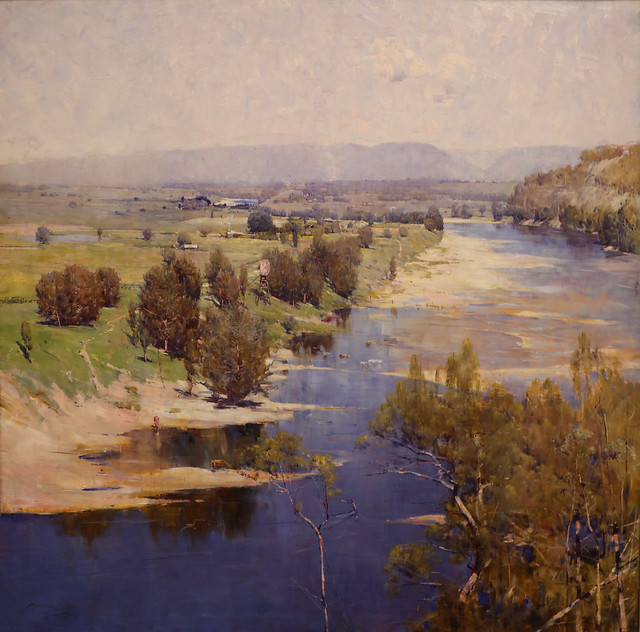 Arthur Streeton, 'The purple noon's transparent might' c. 1896 near Richmond and the Hawkesbury River, New South Wales, oil on canvas. National Gallery of Victoria (NGV), Melbourne, Victoria, Australia.
