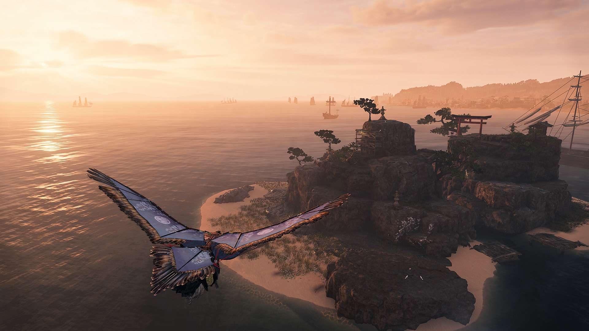 A sea side scene. Day break. In the far distance, ships sail towards a nearby port. At the front of the image, a character with the Avicula glider deployed soars towards a nearby island.