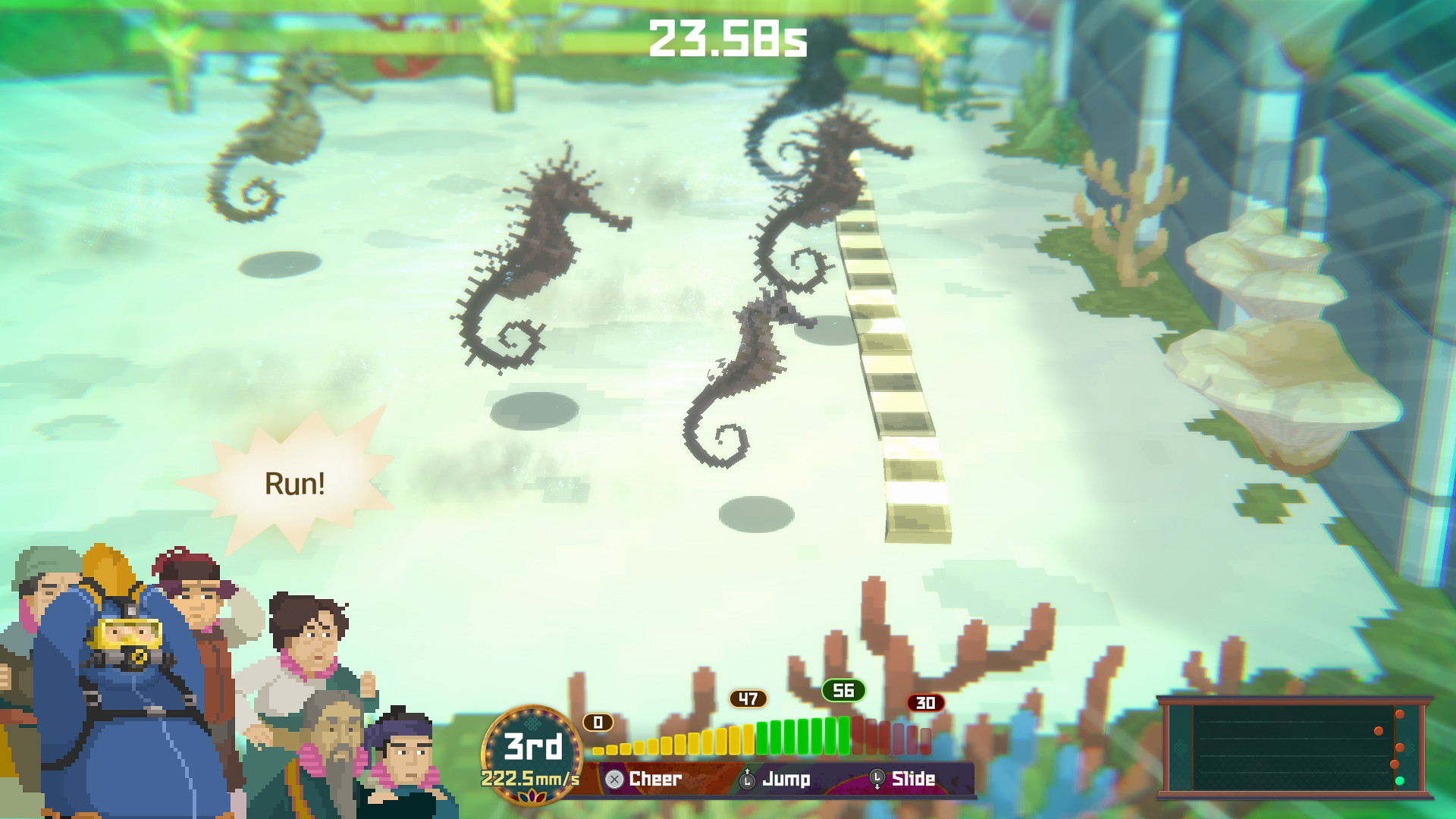 An example of a minigame shows a seahorse race, as five marine fish gallop towards a finish line while Dave and other characters watch from the sidelines. The UI at the bottom the screen registers your seahorse’s position in the race, as well as button prompts: X to Cheer, up on the left stick to Jump, and down on the same stick to Slide.
