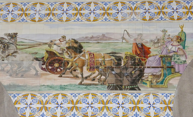 Scène historique, azulejos du hall voyageurs, gare de São Bento, place de Almeida Garrett, Porto, Portugal.