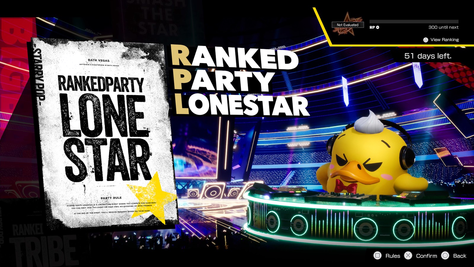 A menu screen for Ranked party Lonestar mode. That text appears on the left side of the screen. To the right sits a smart looking rubber duck behind a DJ booth. The duck is adorned with a red bow tie and headphones. Atop its head is a cute grey quiff. Above this quacksome DJ is additional info in text form: ’51 days left’, a bar labelled ‘RP’ and an option to press triangle to view your ranking.