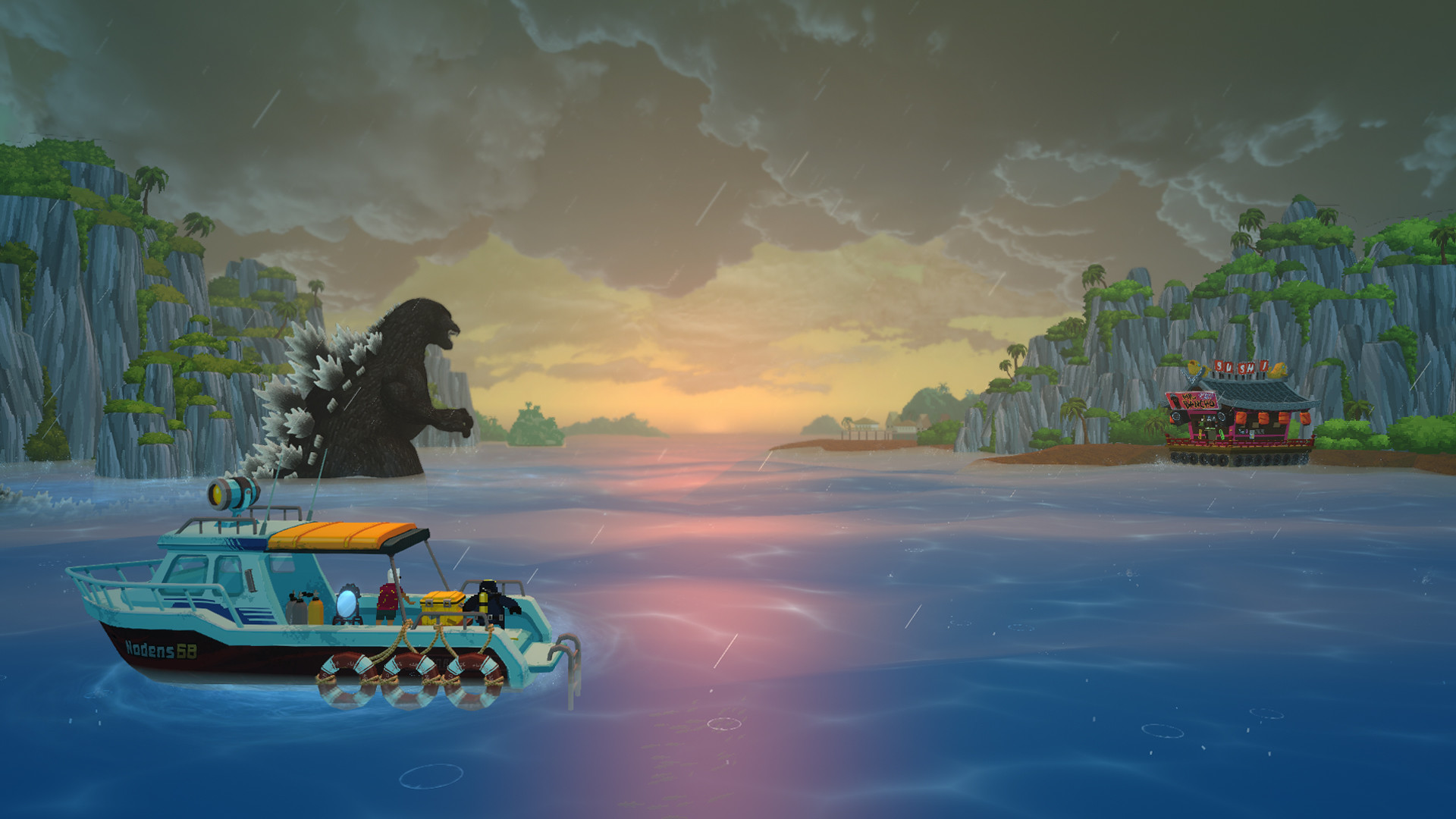 En arrière-plan, Godzilla se déplace à travers une baie vers un bar à sushi accroché sur la côte au loin. En avant-plan, Dave et Cobra se trouvent dans leur bateau de pêche, observant la scène qui se déroule devant eux.