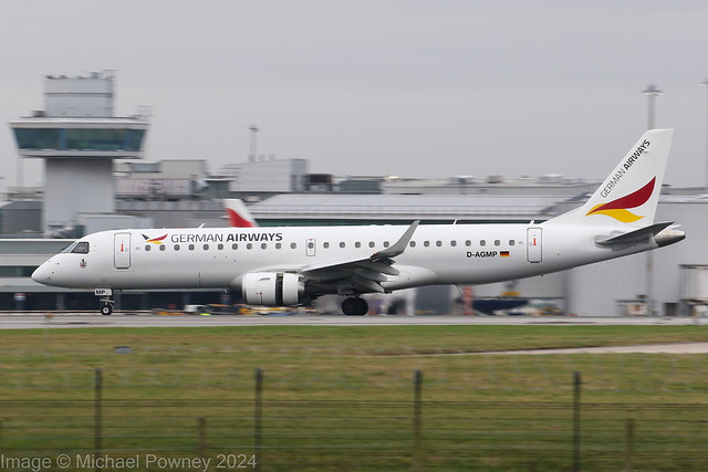 D-AGMP - 2009 build Embraer 190-100AR, arriving on Runway 23R at Manchester