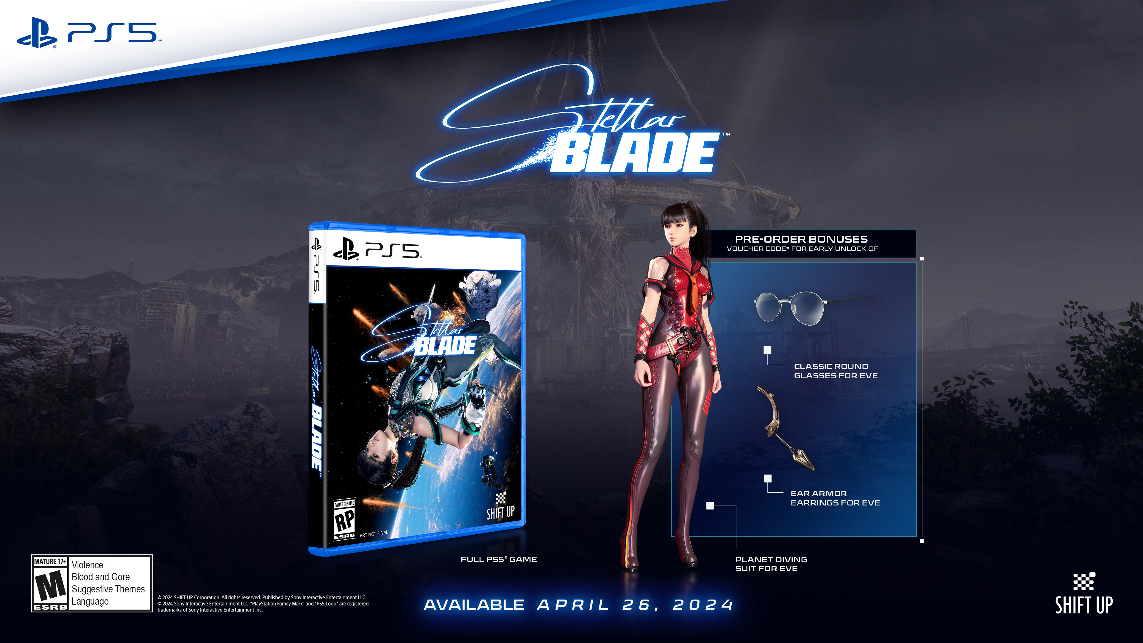 The standard edition of Stellar Blade includes preorder bonuses in the form of a voucher code that offers an early unlock of 1. Classic Round Glasses for Eve, 2. Ear Armor Earrings for Eve and 3. Planet Diving Suit for Eve
