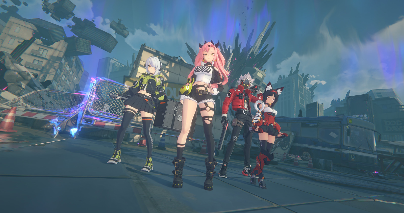 A group of four characters stand facing towards the viewer.