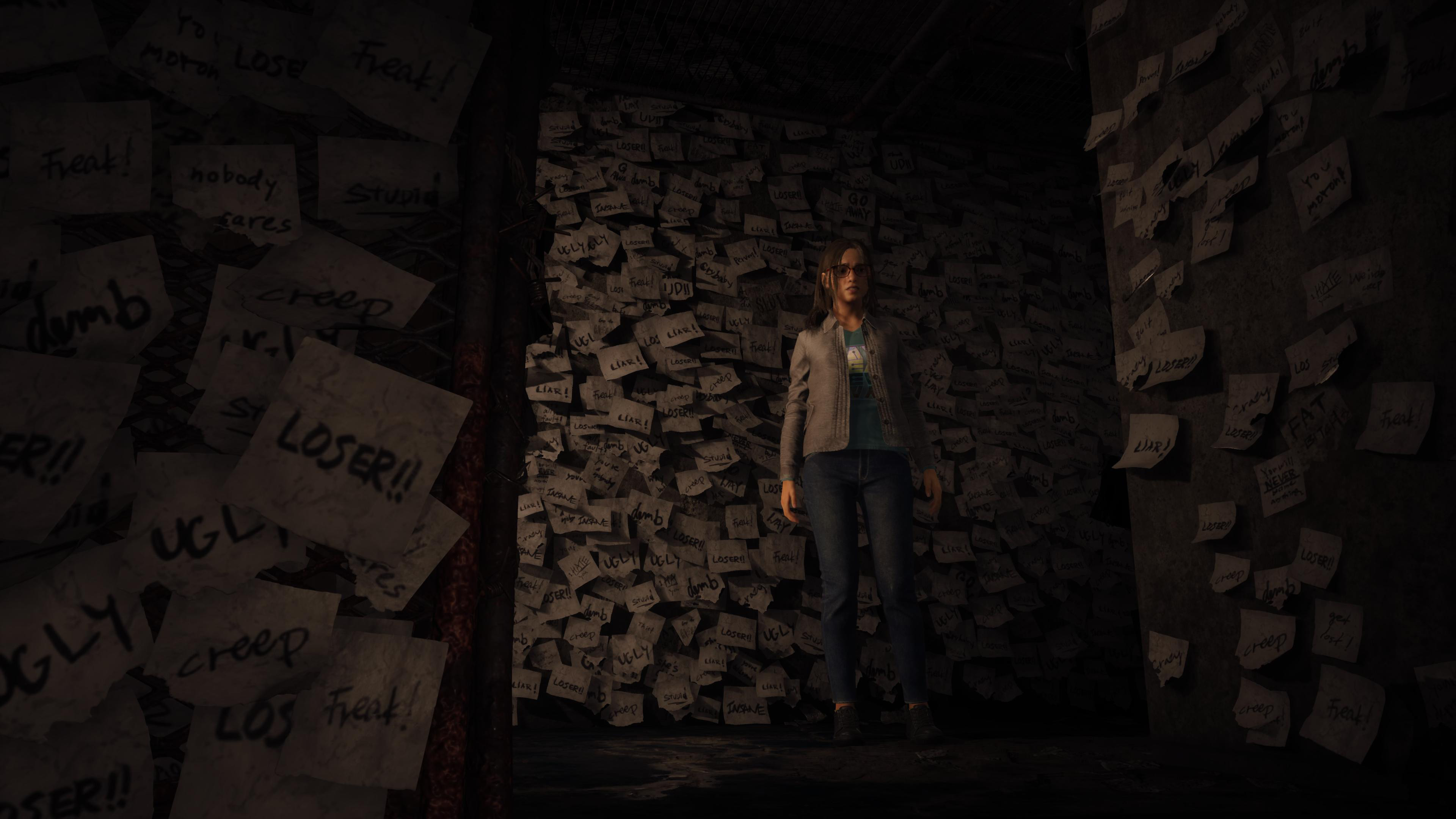 A character at the crossroads of a small alleyway. Covering the surfaces of the wall around them are hundreds of post-it notes, each with a different, singular, abusive word scrawled upon the paper.