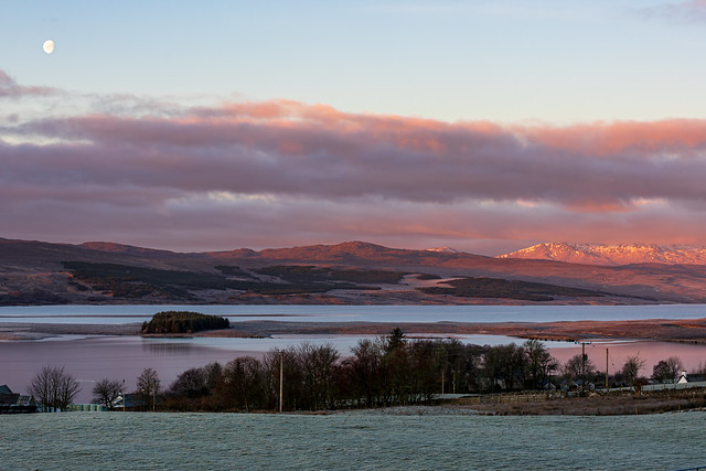 Sunrise over Loch Shin and Ben More Assynt from West Shinness