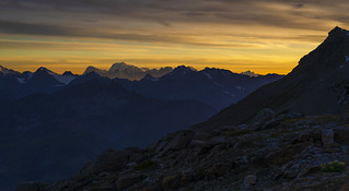 Distant Mont Blanc from Becs de Bossons at sunset