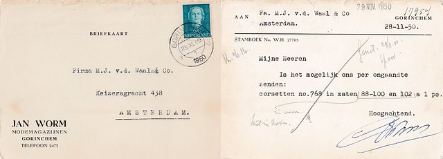 Briefkaart - Jan Worm Modemagazijnen aan M.J. van Waal en Co, Amsterdam (Poststempel 19-11-1950)