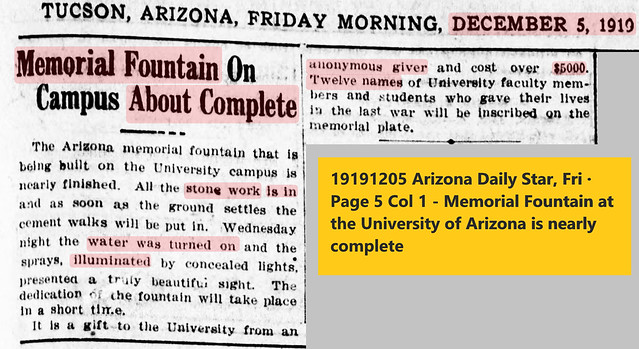 19191205 Arizona Daily Star, Fri · Page 5 Col 1 - Memorial Fountain at the University of Arizona is nearly complete