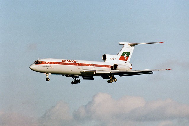 LZ-BTV a 1982 vintage Balkan Bulgarian Tupolev Tu-154B-2 is seen here about to land on runway 27L at London Heathrow