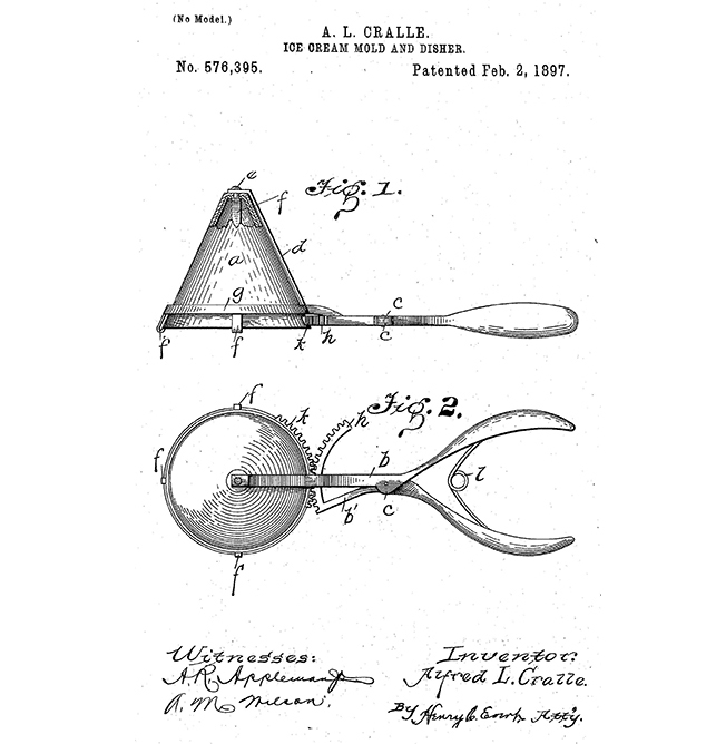 Cralle responded to that problem by creating a mechanical device now known as the ice cream scoop. He applied for and received a patent on February 2, 1897. The thirty-year-old was granted U.S. Patent #576395.