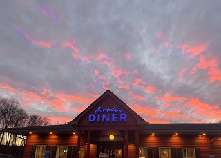 Neon-bright #sunset over the Riverdale Diner in #SheltonCT.  #dusk #twilight